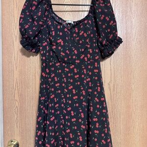 Inspired Hearts Black Dress with Red Cherry Print